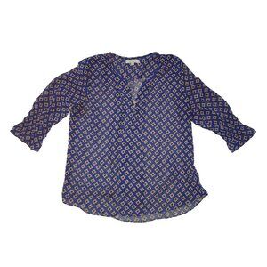 Umgee Womens Geometric Print‎ Blouse L Blue & Beige 3/4 Sleeve Cotton/Polyester